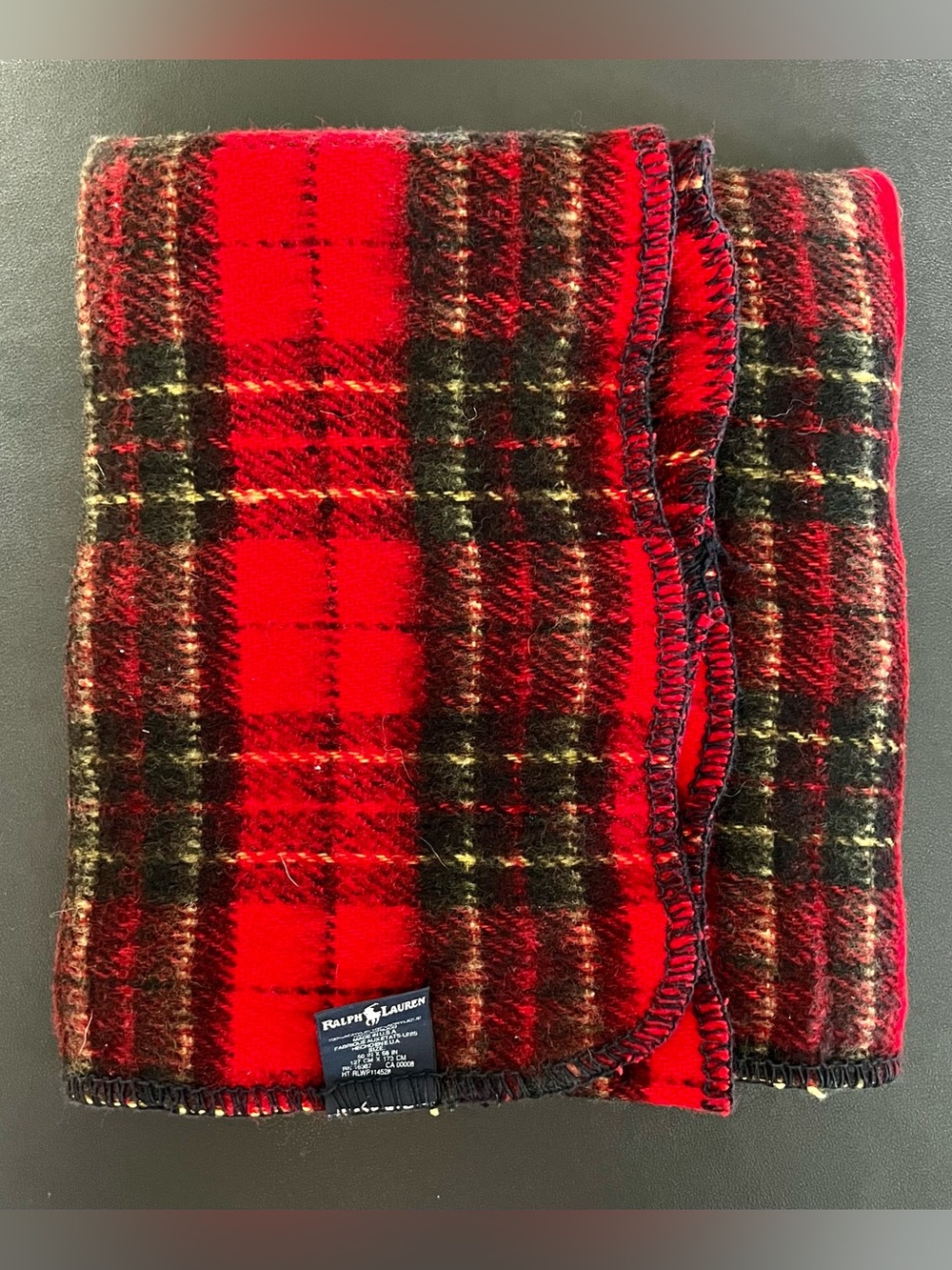 RALPH LAUREN Red Tartan Plaid Stadium Throw Blanket 50x68 Made in USA Vintage